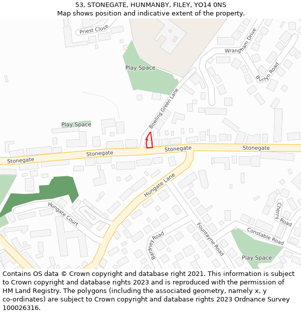 53, STONEGATE, HUNMANBY, FILEY, YO14 0NS: Location map and indicative extent of plot