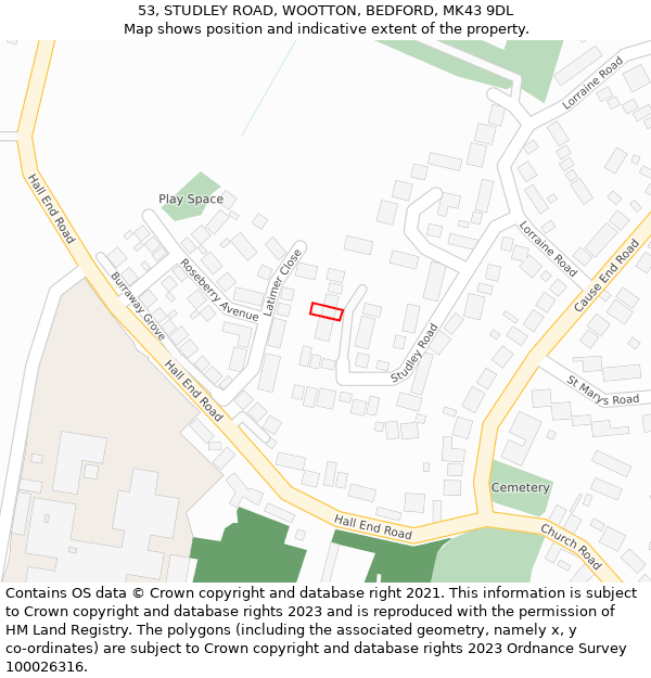 53, STUDLEY ROAD, WOOTTON, BEDFORD, MK43 9DL: Location map and indicative extent of plot