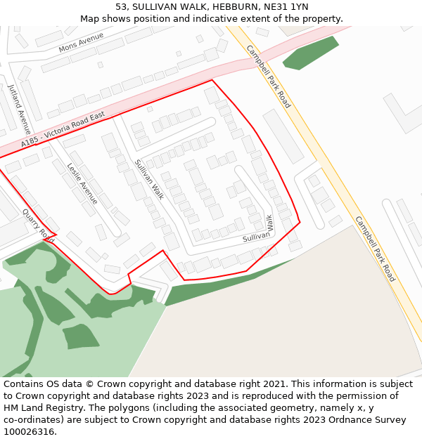 53, SULLIVAN WALK, HEBBURN, NE31 1YN: Location map and indicative extent of plot