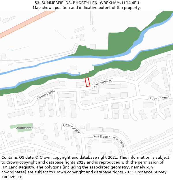 53, SUMMERFIELDS, RHOSTYLLEN, WREXHAM, LL14 4EU: Location map and indicative extent of plot