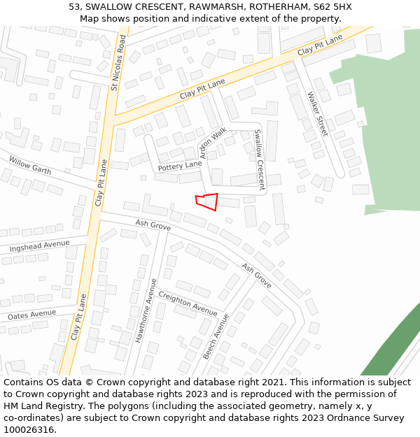 53, SWALLOW CRESCENT, RAWMARSH, ROTHERHAM, S62 5HX: Location map and indicative extent of plot