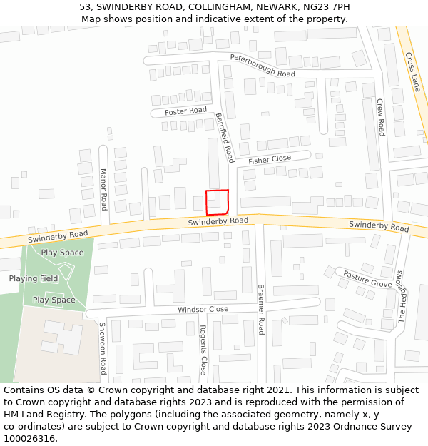 53, SWINDERBY ROAD, COLLINGHAM, NEWARK, NG23 7PH: Location map and indicative extent of plot