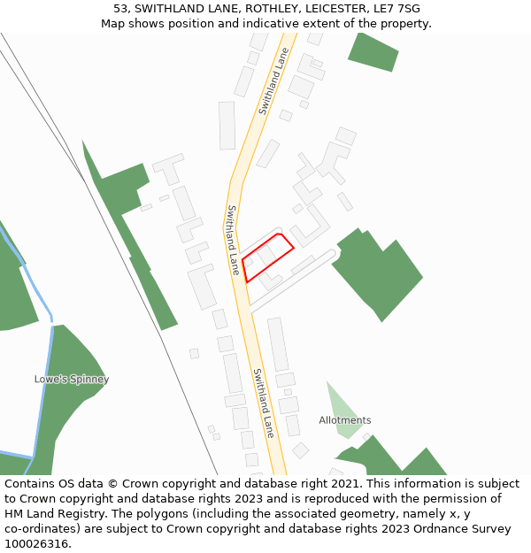 53, SWITHLAND LANE, ROTHLEY, LEICESTER, LE7 7SG: Location map and indicative extent of plot