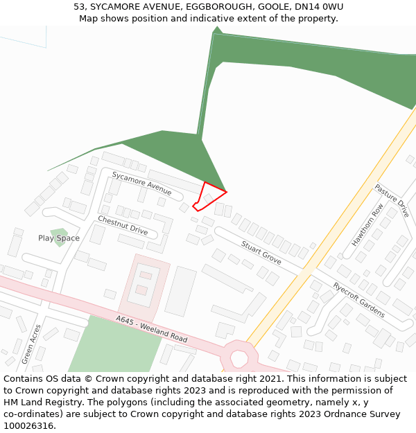 53, SYCAMORE AVENUE, EGGBOROUGH, GOOLE, DN14 0WU: Location map and indicative extent of plot