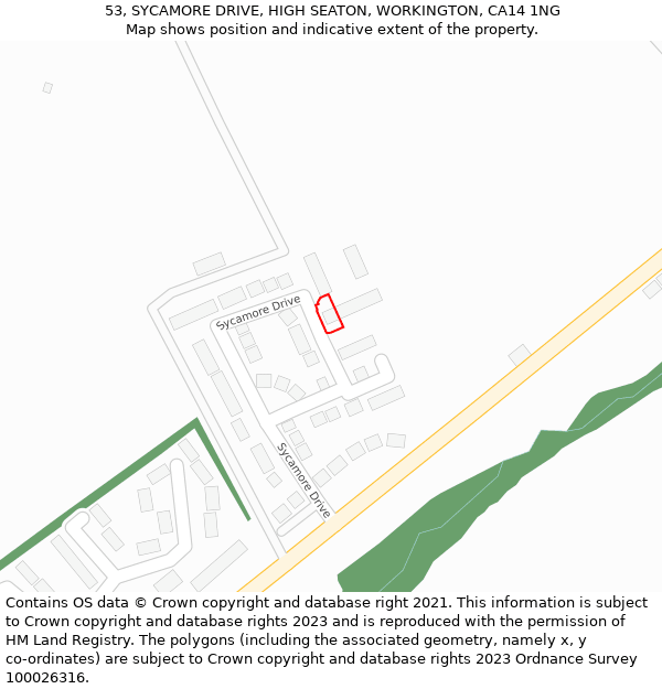 53, SYCAMORE DRIVE, HIGH SEATON, WORKINGTON, CA14 1NG: Location map and indicative extent of plot