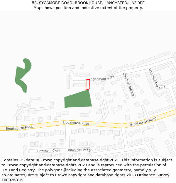 53, SYCAMORE ROAD, BROOKHOUSE, LANCASTER, LA2 9PE: Location map and indicative extent of plot