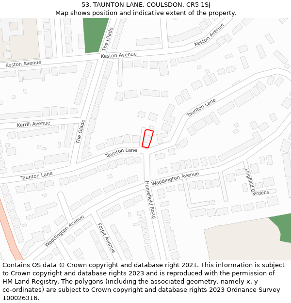 53, TAUNTON LANE, COULSDON, CR5 1SJ: Location map and indicative extent of plot