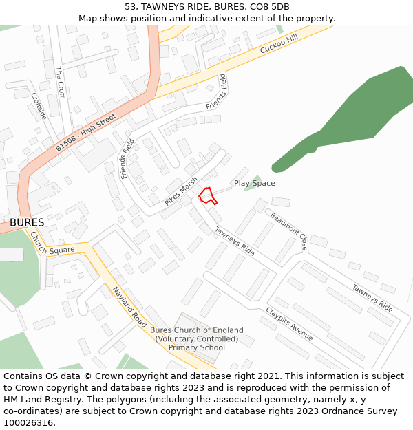 53, TAWNEYS RIDE, BURES, CO8 5DB: Location map and indicative extent of plot