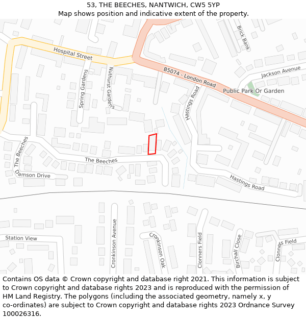 53, THE BEECHES, NANTWICH, CW5 5YP: Location map and indicative extent of plot