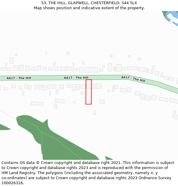 53, THE HILL, GLAPWELL, CHESTERFIELD, S44 5LX: Location map and indicative extent of plot