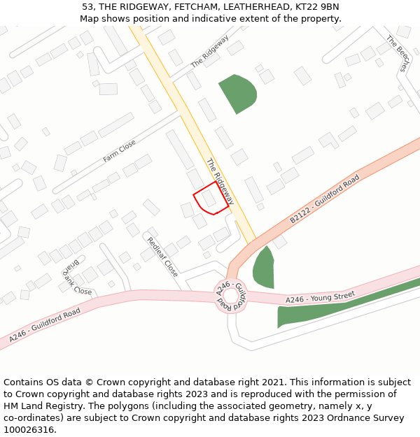 53, THE RIDGEWAY, FETCHAM, LEATHERHEAD, KT22 9BN: Location map and indicative extent of plot