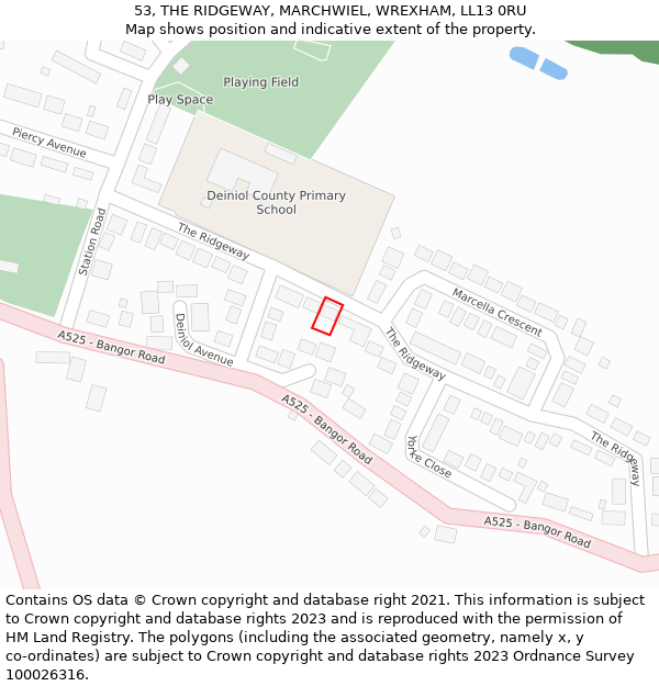 53, THE RIDGEWAY, MARCHWIEL, WREXHAM, LL13 0RU: Location map and indicative extent of plot