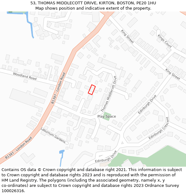 53, THOMAS MIDDLECOTT DRIVE, KIRTON, BOSTON, PE20 1HU: Location map and indicative extent of plot