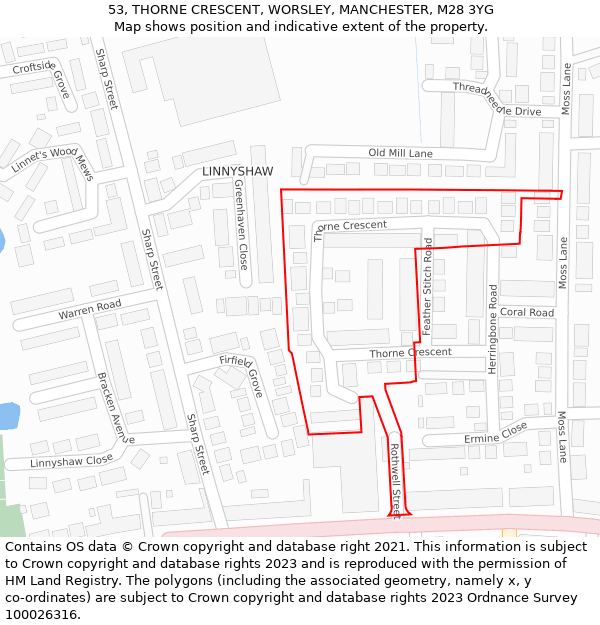 53, THORNE CRESCENT, WORSLEY, MANCHESTER, M28 3YG: Location map and indicative extent of plot