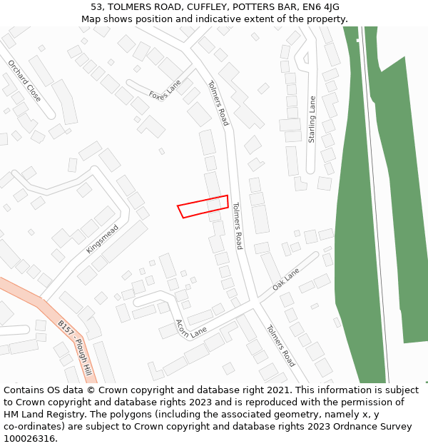 53, TOLMERS ROAD, CUFFLEY, POTTERS BAR, EN6 4JG: Location map and indicative extent of plot