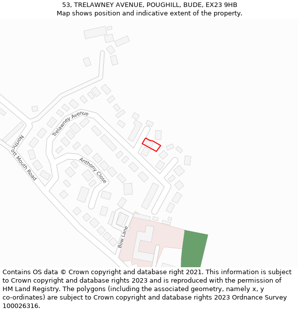 53, TRELAWNEY AVENUE, POUGHILL, BUDE, EX23 9HB: Location map and indicative extent of plot