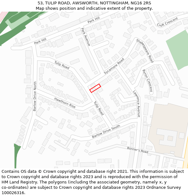 53, TULIP ROAD, AWSWORTH, NOTTINGHAM, NG16 2RS: Location map and indicative extent of plot