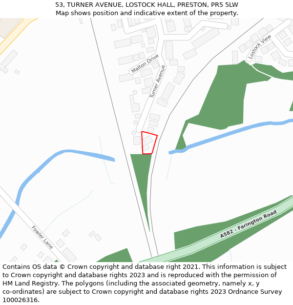 53, TURNER AVENUE, LOSTOCK HALL, PRESTON, PR5 5LW: Location map and indicative extent of plot