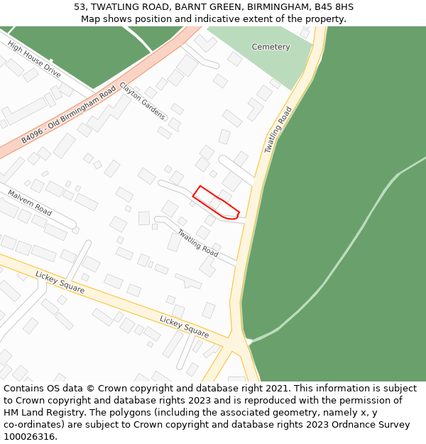 53, TWATLING ROAD, BARNT GREEN, BIRMINGHAM, B45 8HS: Location map and indicative extent of plot