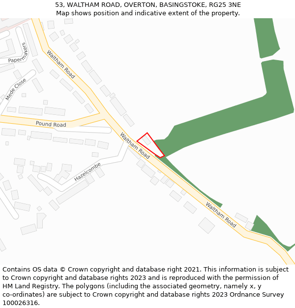 53, WALTHAM ROAD, OVERTON, BASINGSTOKE, RG25 3NE: Location map and indicative extent of plot