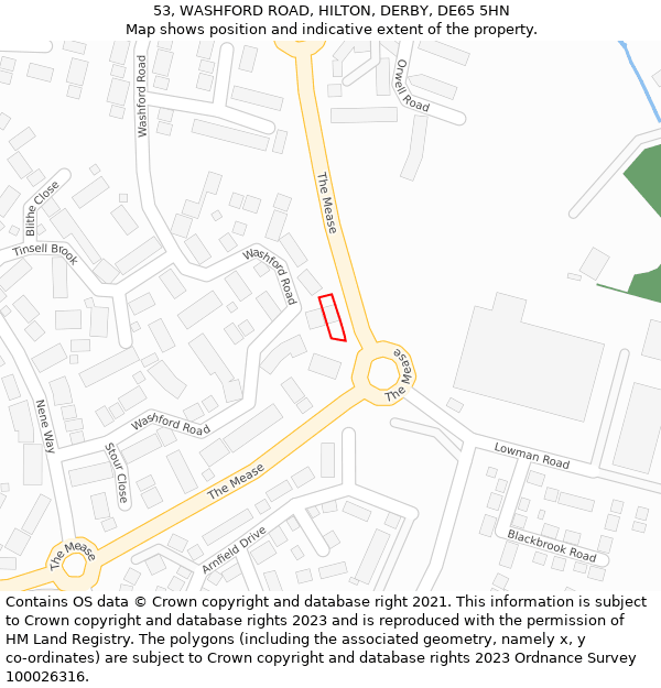 53, WASHFORD ROAD, HILTON, DERBY, DE65 5HN: Location map and indicative extent of plot