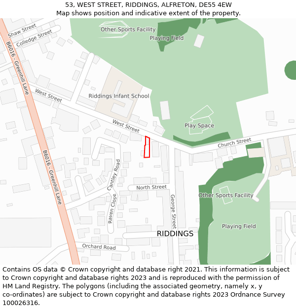 53, WEST STREET, RIDDINGS, ALFRETON, DE55 4EW: Location map and indicative extent of plot