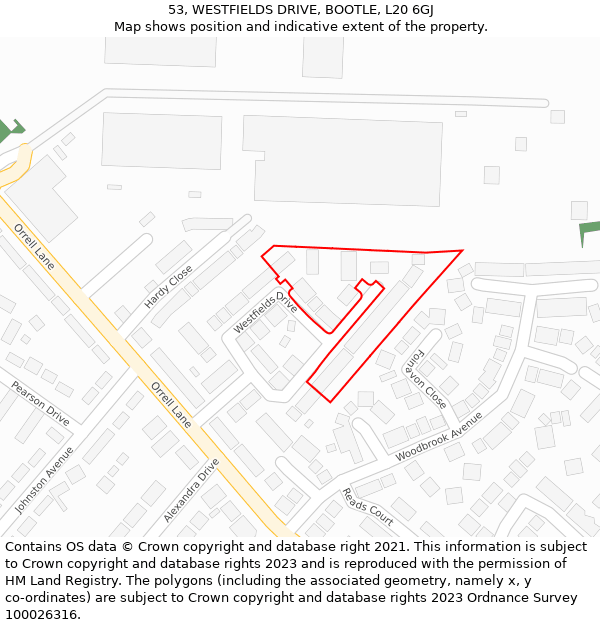 53, WESTFIELDS DRIVE, BOOTLE, L20 6GJ: Location map and indicative extent of plot