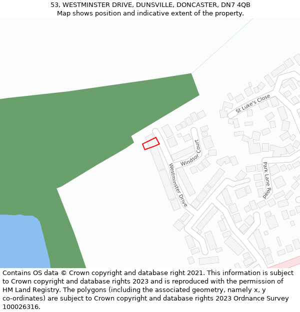 53, WESTMINSTER DRIVE, DUNSVILLE, DONCASTER, DN7 4QB: Location map and indicative extent of plot