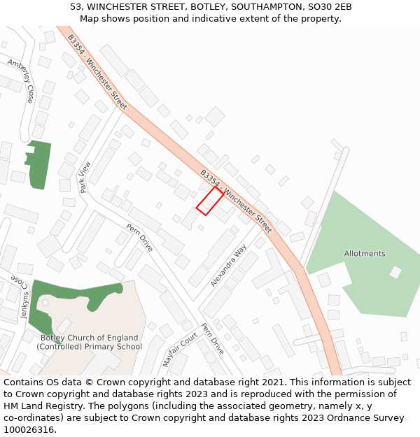 53, WINCHESTER STREET, BOTLEY, SOUTHAMPTON, SO30 2EB: Location map and indicative extent of plot