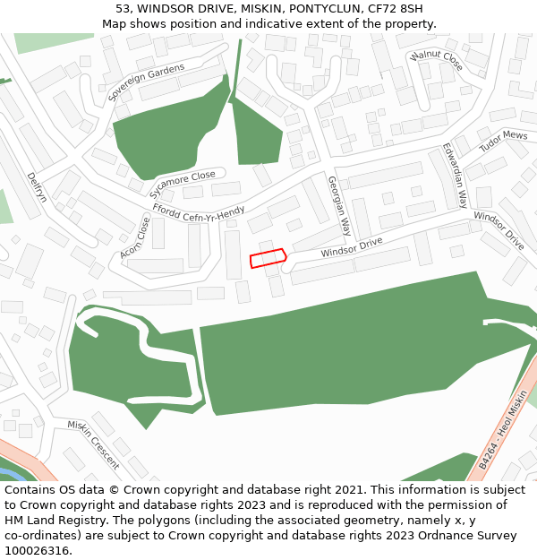 53, WINDSOR DRIVE, MISKIN, PONTYCLUN, CF72 8SH: Location map and indicative extent of plot