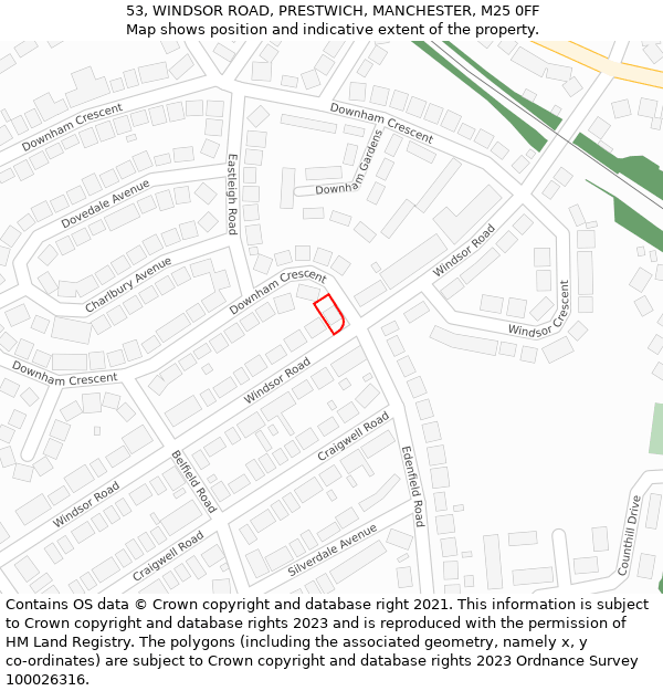 53, WINDSOR ROAD, PRESTWICH, MANCHESTER, M25 0FF: Location map and indicative extent of plot