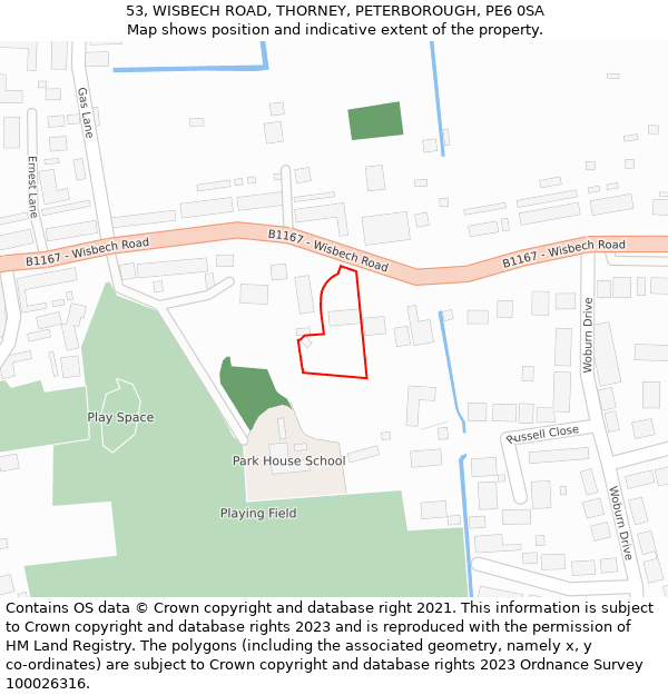 53, WISBECH ROAD, THORNEY, PETERBOROUGH, PE6 0SA: Location map and indicative extent of plot