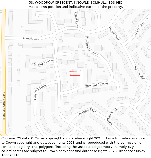 53, WOODROW CRESCENT, KNOWLE, SOLIHULL, B93 9EQ: Location map and indicative extent of plot