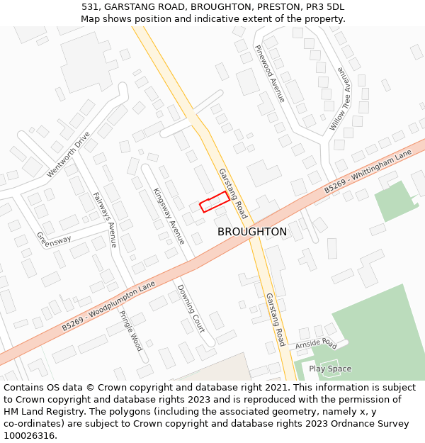 531, GARSTANG ROAD, BROUGHTON, PRESTON, PR3 5DL: Location map and indicative extent of plot