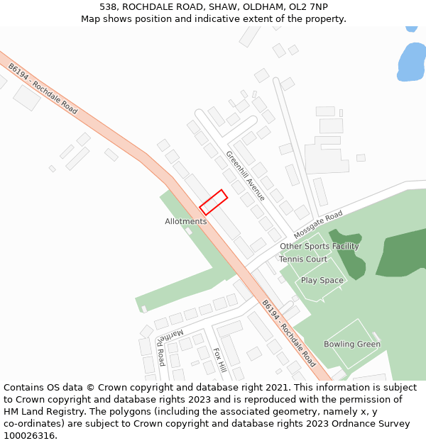 538, ROCHDALE ROAD, SHAW, OLDHAM, OL2 7NP: Location map and indicative extent of plot