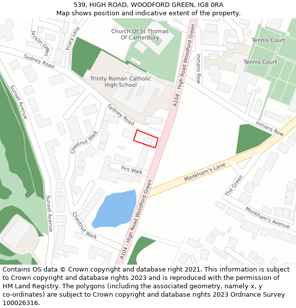 539, HIGH ROAD, WOODFORD GREEN, IG8 0RA: Location map and indicative extent of plot