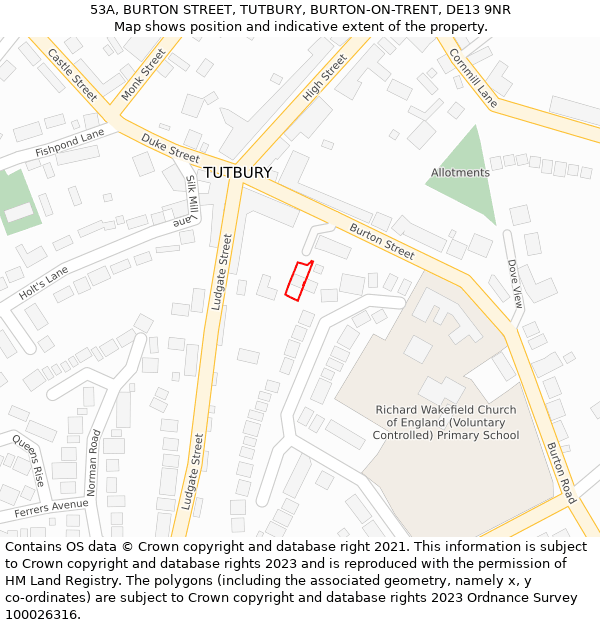 53A, BURTON STREET, TUTBURY, BURTON-ON-TRENT, DE13 9NR: Location map and indicative extent of plot