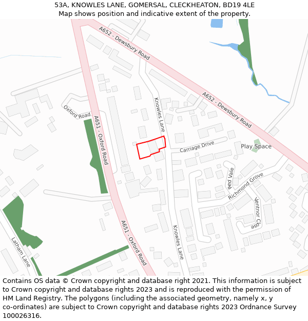 53A, KNOWLES LANE, GOMERSAL, CLECKHEATON, BD19 4LE: Location map and indicative extent of plot