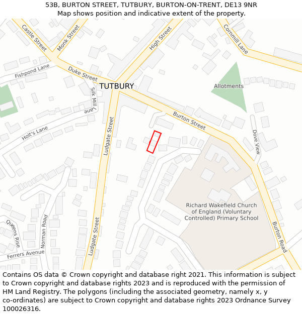 53B, BURTON STREET, TUTBURY, BURTON-ON-TRENT, DE13 9NR: Location map and indicative extent of plot