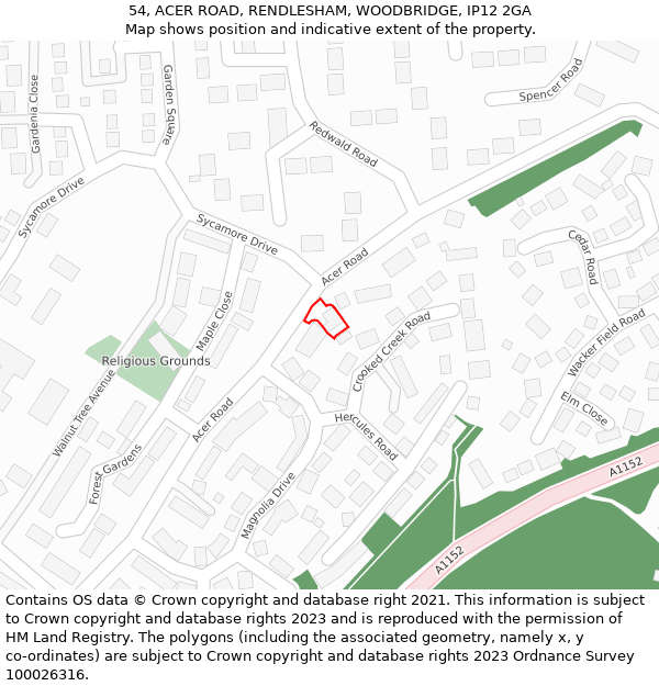 54, ACER ROAD, RENDLESHAM, WOODBRIDGE, IP12 2GA: Location map and indicative extent of plot