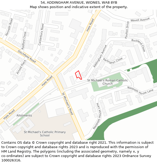 54, ADDINGHAM AVENUE, WIDNES, WA8 8YB: Location map and indicative extent of plot