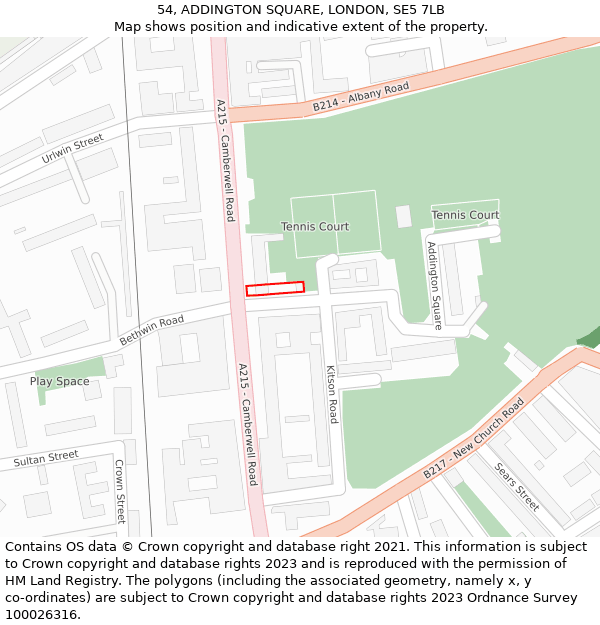 54, ADDINGTON SQUARE, LONDON, SE5 7LB: Location map and indicative extent of plot