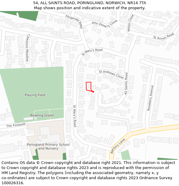 54, ALL SAINTS ROAD, PORINGLAND, NORWICH, NR14 7TA: Location map and indicative extent of plot