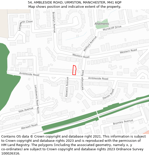 54, AMBLESIDE ROAD, URMSTON, MANCHESTER, M41 6QP: Location map and indicative extent of plot