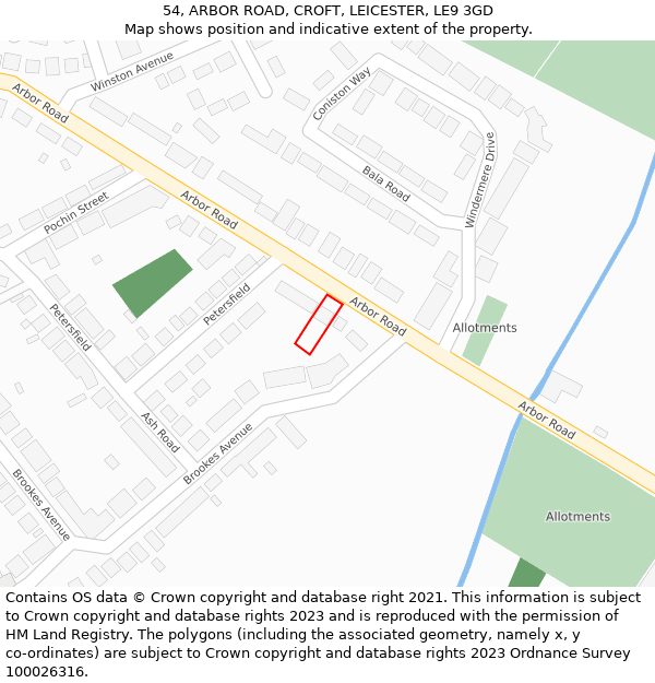 54, ARBOR ROAD, CROFT, LEICESTER, LE9 3GD: Location map and indicative extent of plot