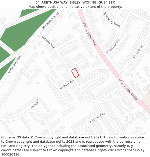 54, ARETHUSA WAY, BISLEY, WOKING, GU24 9BX: Location map and indicative extent of plot