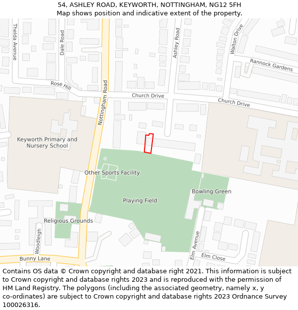 54, ASHLEY ROAD, KEYWORTH, NOTTINGHAM, NG12 5FH: Location map and indicative extent of plot