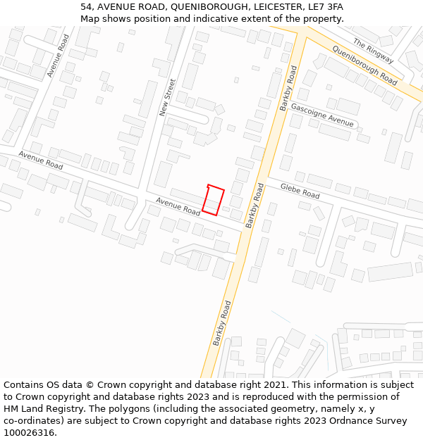 54, AVENUE ROAD, QUENIBOROUGH, LEICESTER, LE7 3FA: Location map and indicative extent of plot