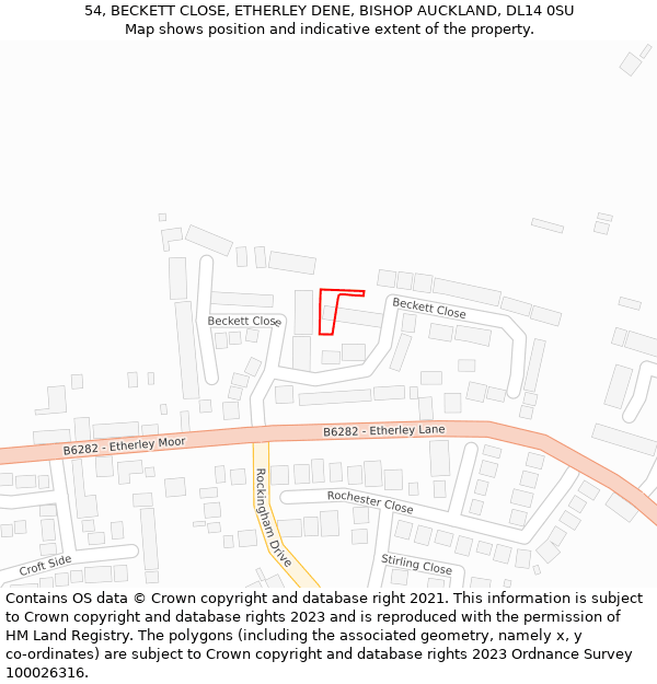 54, BECKETT CLOSE, ETHERLEY DENE, BISHOP AUCKLAND, DL14 0SU: Location map and indicative extent of plot