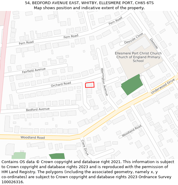 54, BEDFORD AVENUE EAST, WHITBY, ELLESMERE PORT, CH65 6TS: Location map and indicative extent of plot